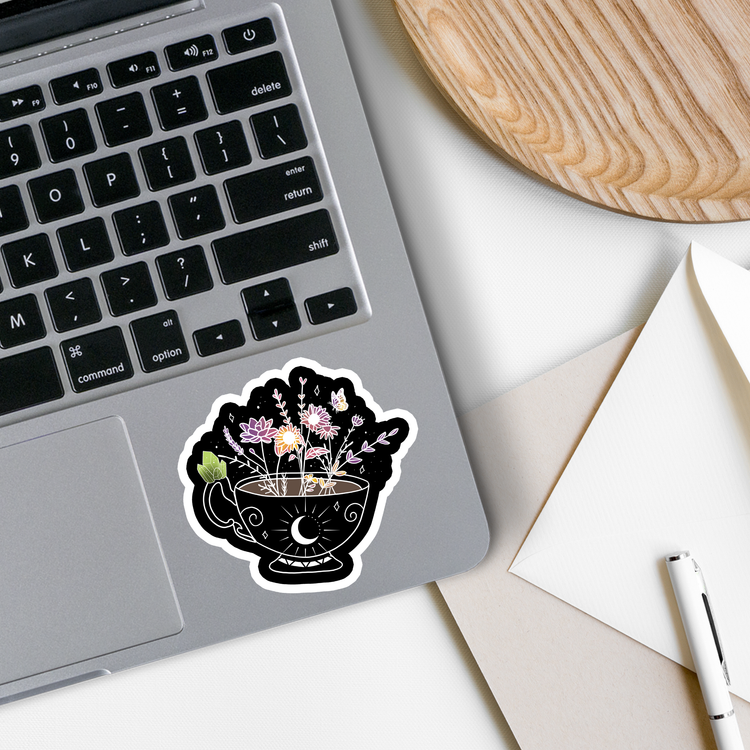 Witchy Tea Cup with Flowers Vinyl Sticker | 2.5": Regular / No