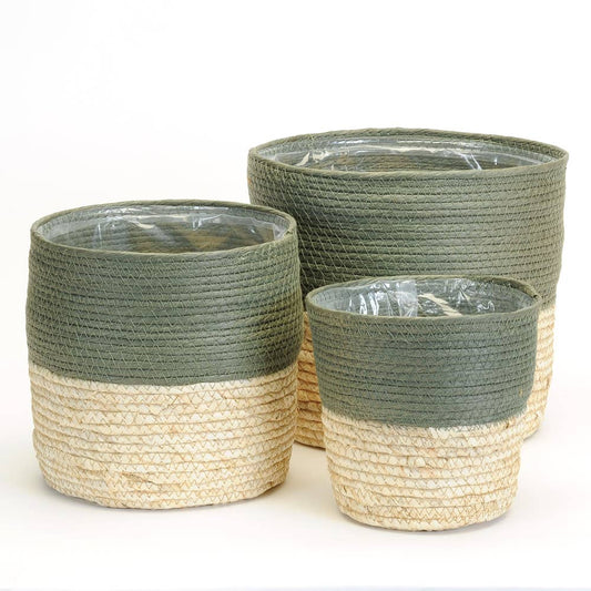 SET OF 3 PLANT BASKETS NATURAL GREEN (PLASTIC LINED)