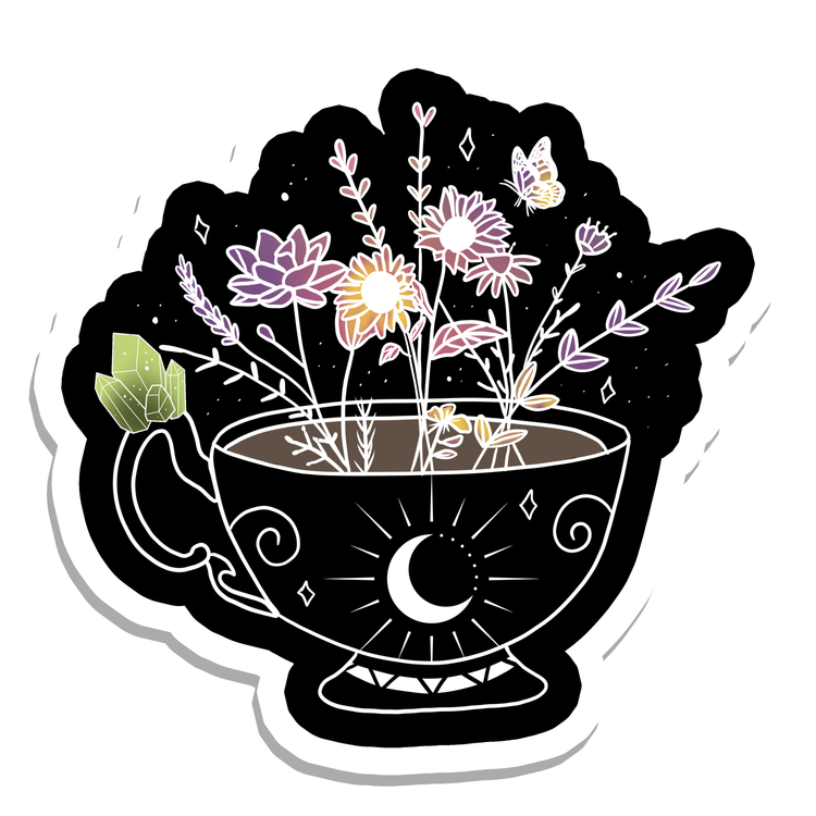 Witchy Tea Cup with Flowers Vinyl Sticker | 2.5": Regular / No